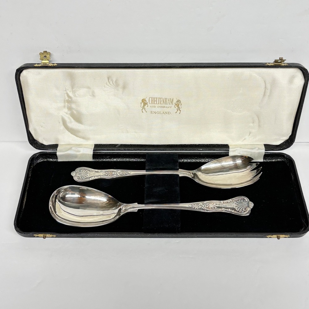 Sheffield Silver Plate Serving Spoons Salad Servers Box Kings England Vintage